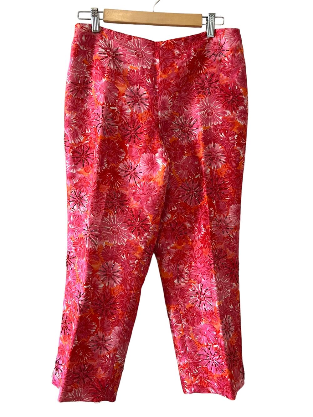 Lillie Rubin Silk Floral Print Pedal Pusher Pants Hot Pink 10